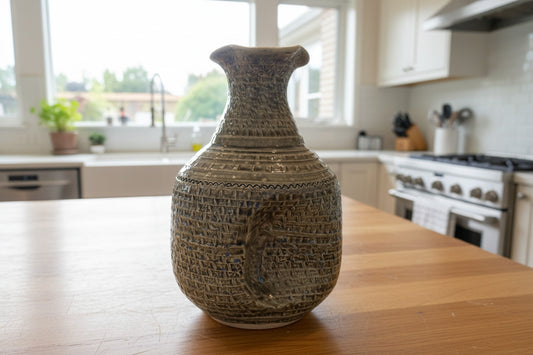 Textured ceramic vase on a wooden surface with colorful abstract art in the background