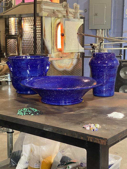 Wide Blue Speckled Serving Bowl