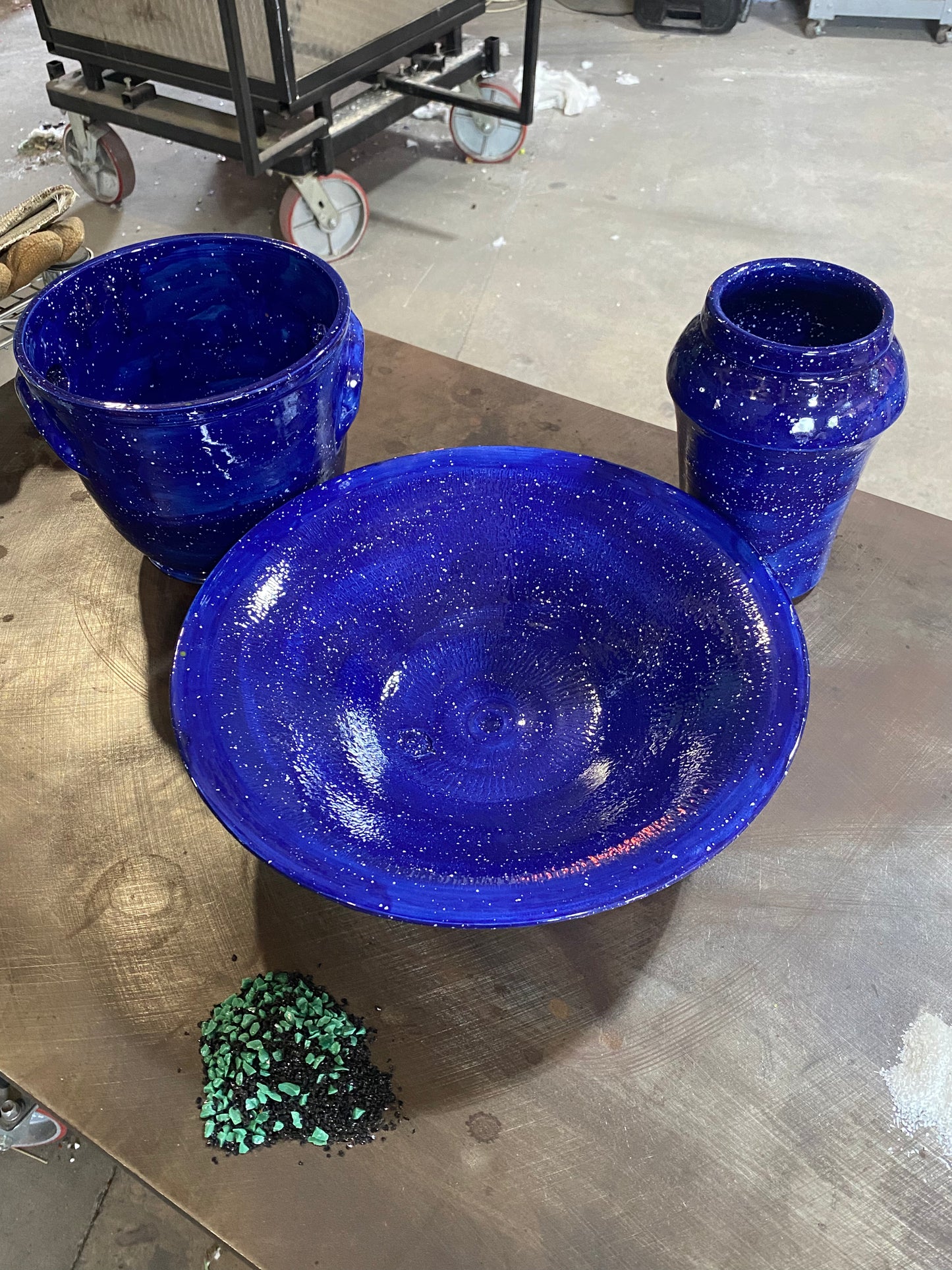 Wide Blue Speckled Serving Bowl
