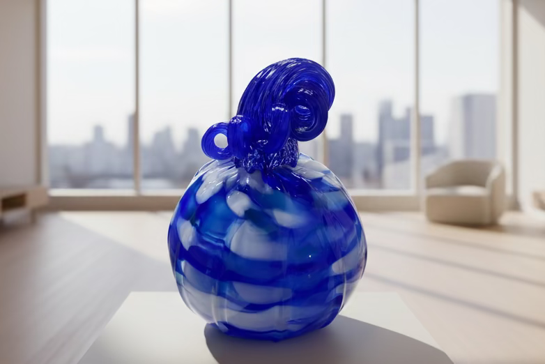 Blue and white glass bottle with a unique design on a wooden surface.