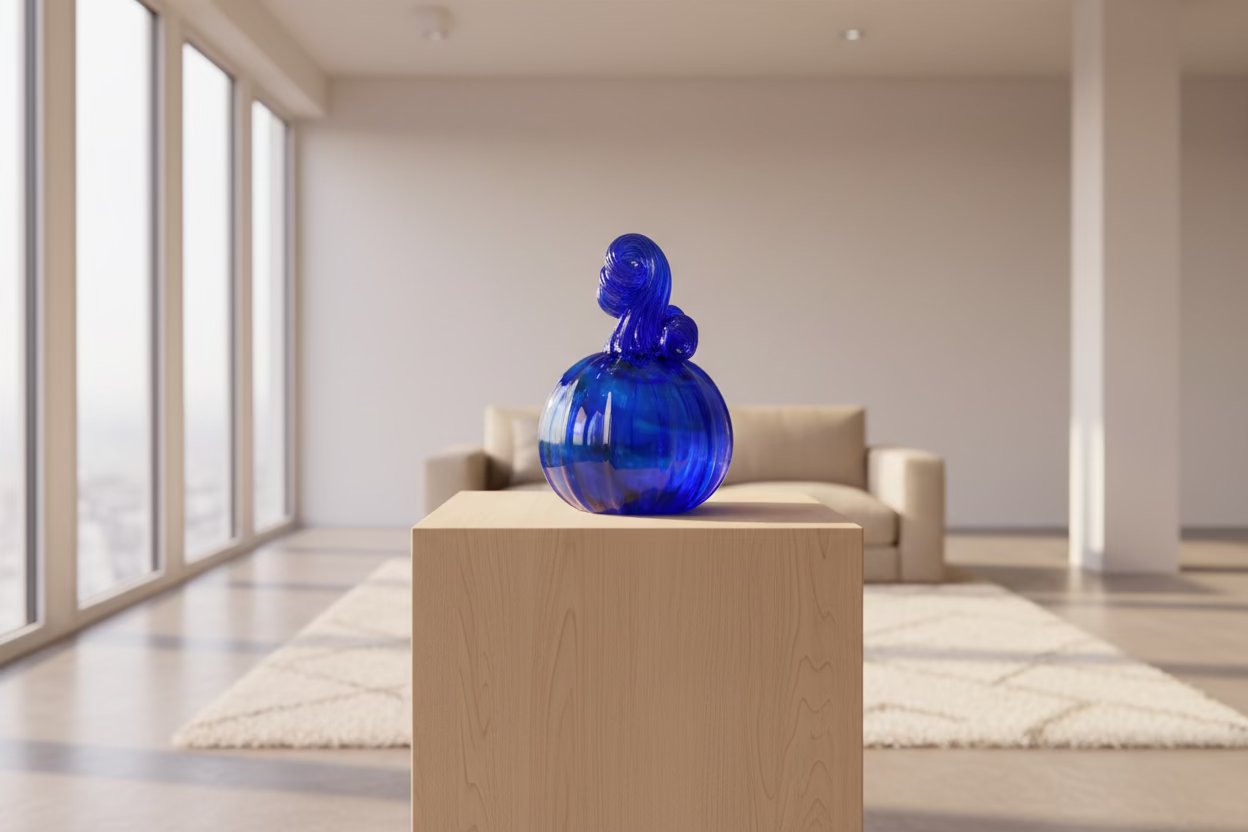 Blue glass sculpture on a wooden surface with ceramic mugs in the background