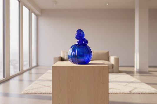 Blue glass sculpture on a wooden surface with ceramic mugs in the background