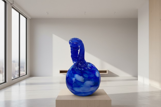 Blue glass bottle with swirling pattern on a wooden table