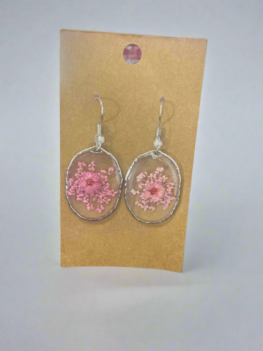 "Pink Bliss" Silver Pressed Flower Earrings