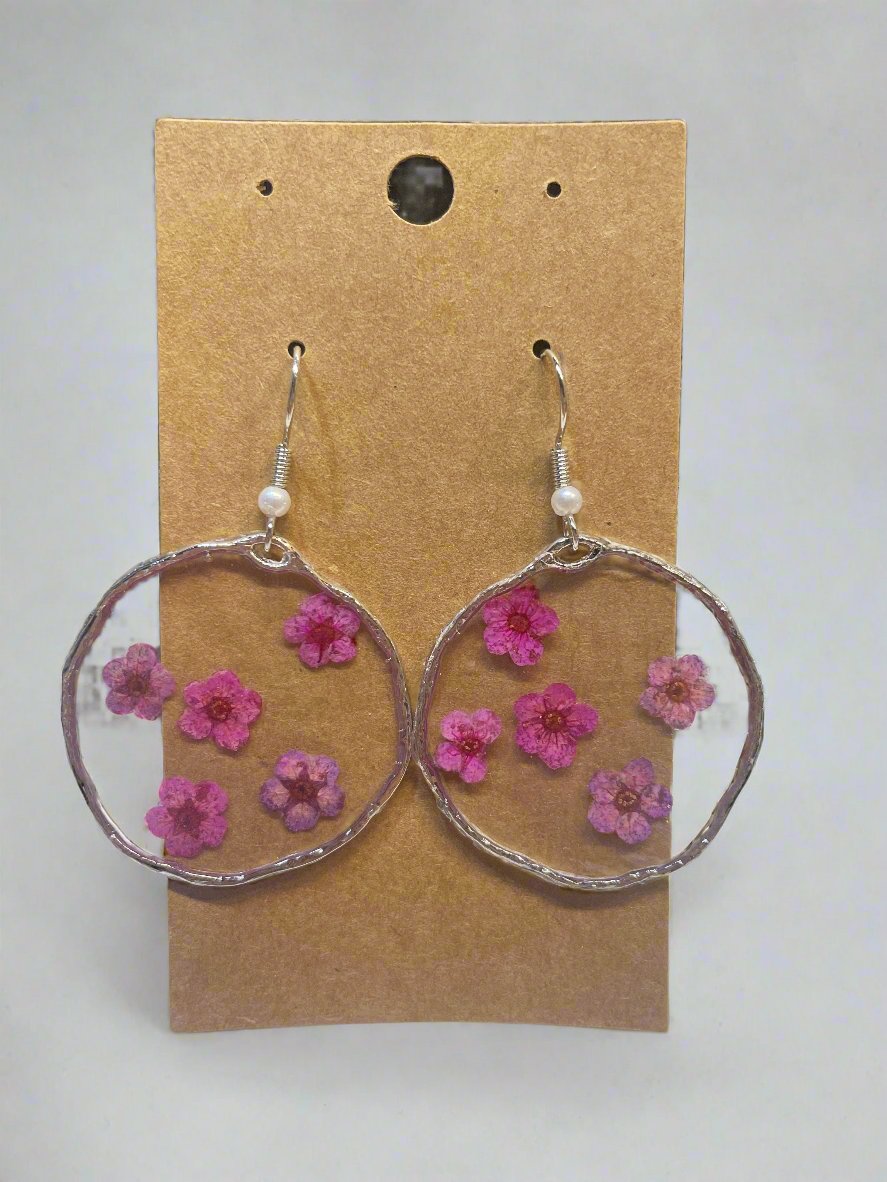 "Pink Poppy Fields" Silver Pressed Flower Earrings