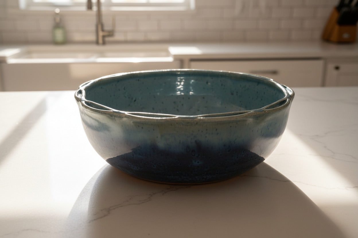 Speckled blue ceramic bowl on a wooden surface