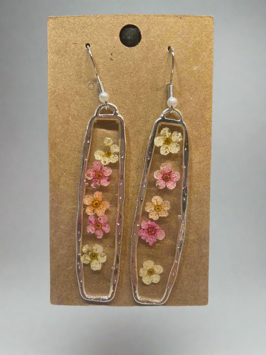 "Pink & Peaches" Silver Pressed Flower Earrings