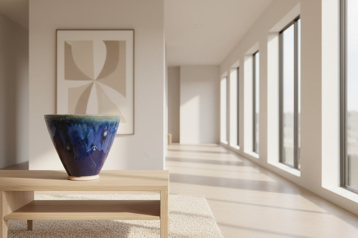Blue glass vase on a wooden surface with a blurred indoor background