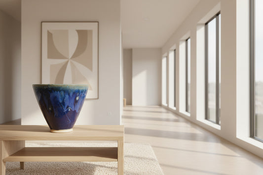 Blue glass vase on a wooden surface with a blurred indoor background