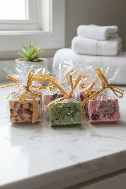 Handmade soap bars with natural elements on a wooden surface