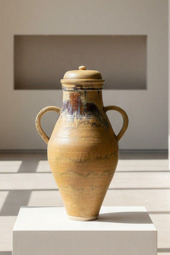 Large ceramic vase on a table with a blurred indoor background