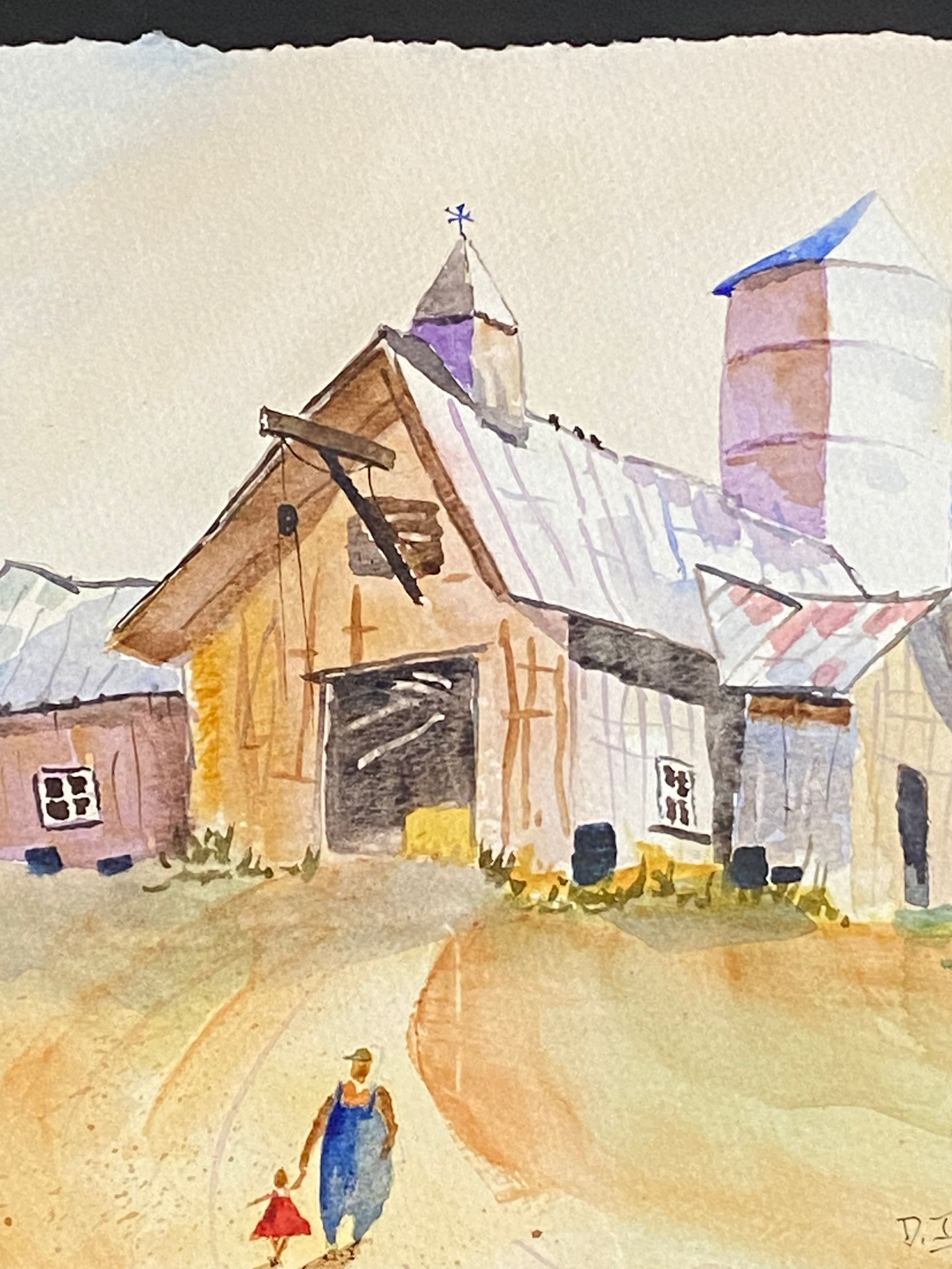 Watercolor painting of a small village with houses and flags on a textured beige background