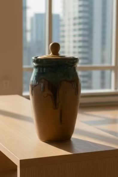A handmade ceramic lidded jar with a glazed finish, featuring a warm tan base with blue, green, and brown drip glazes, set on a wooden table in a pottery studio.