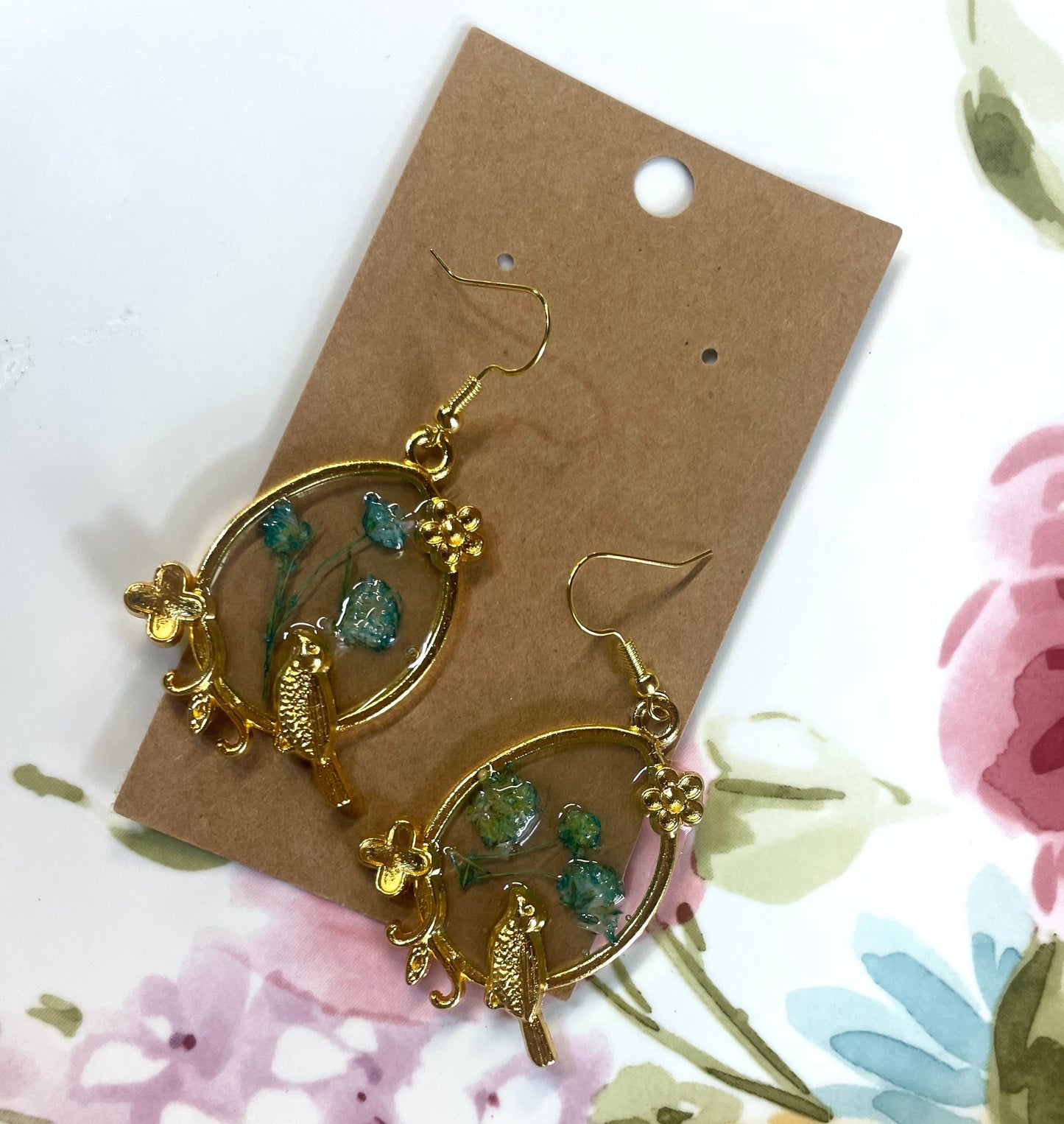 "Bluebird & Baby's Breath" Pressed Flower Earrings