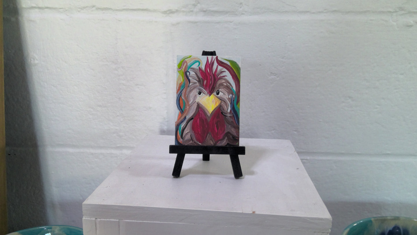 Mean Rooster Mini Painting With Easel
