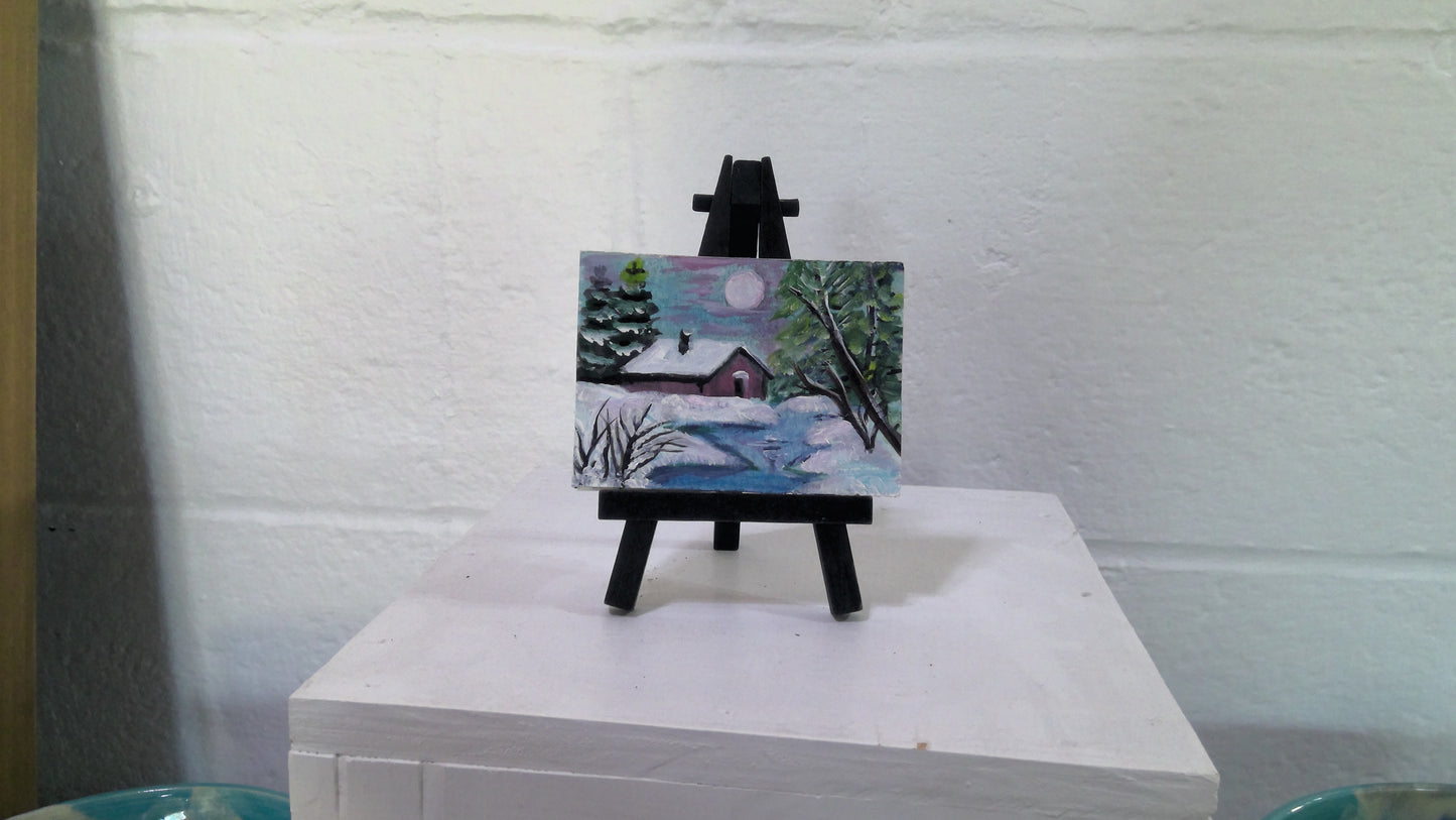 Winter Cabin Mini Painting With Easel