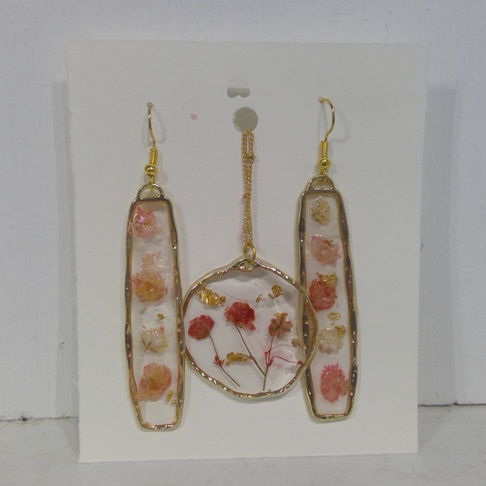 Pink Babys Breath - Pressed Flower Earrings & Necklace Set