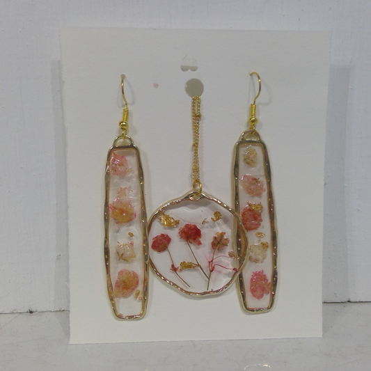 Pink Babys Breath - Pressed Flower Earrings & Necklace Set