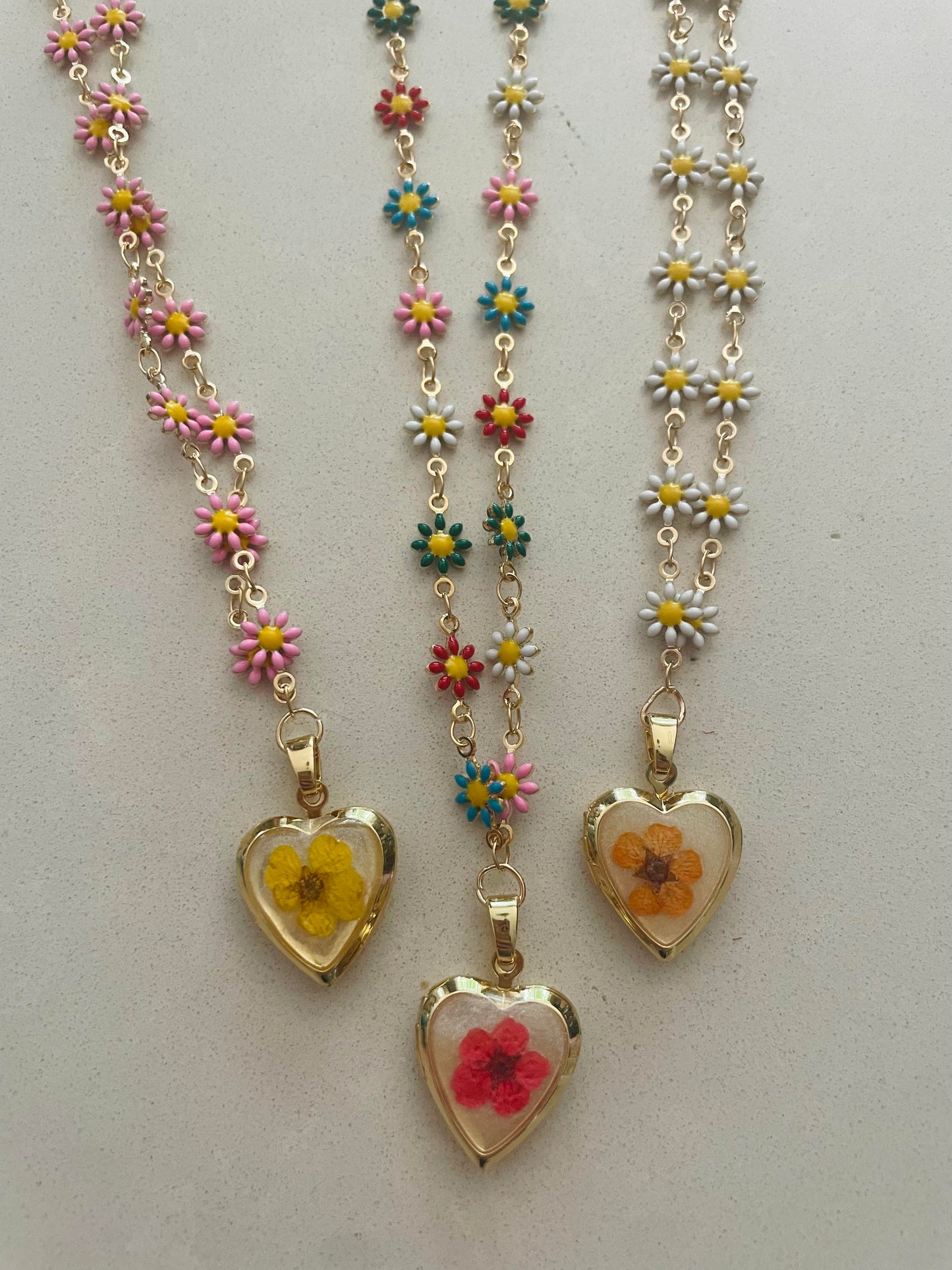 Flower Pressed Heart Locket Necklaces With Floral Chain