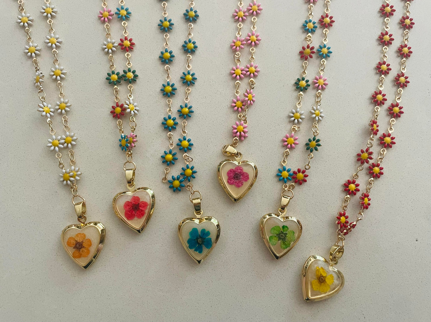 Flower Pressed Heart Locket Necklaces With Floral Chain