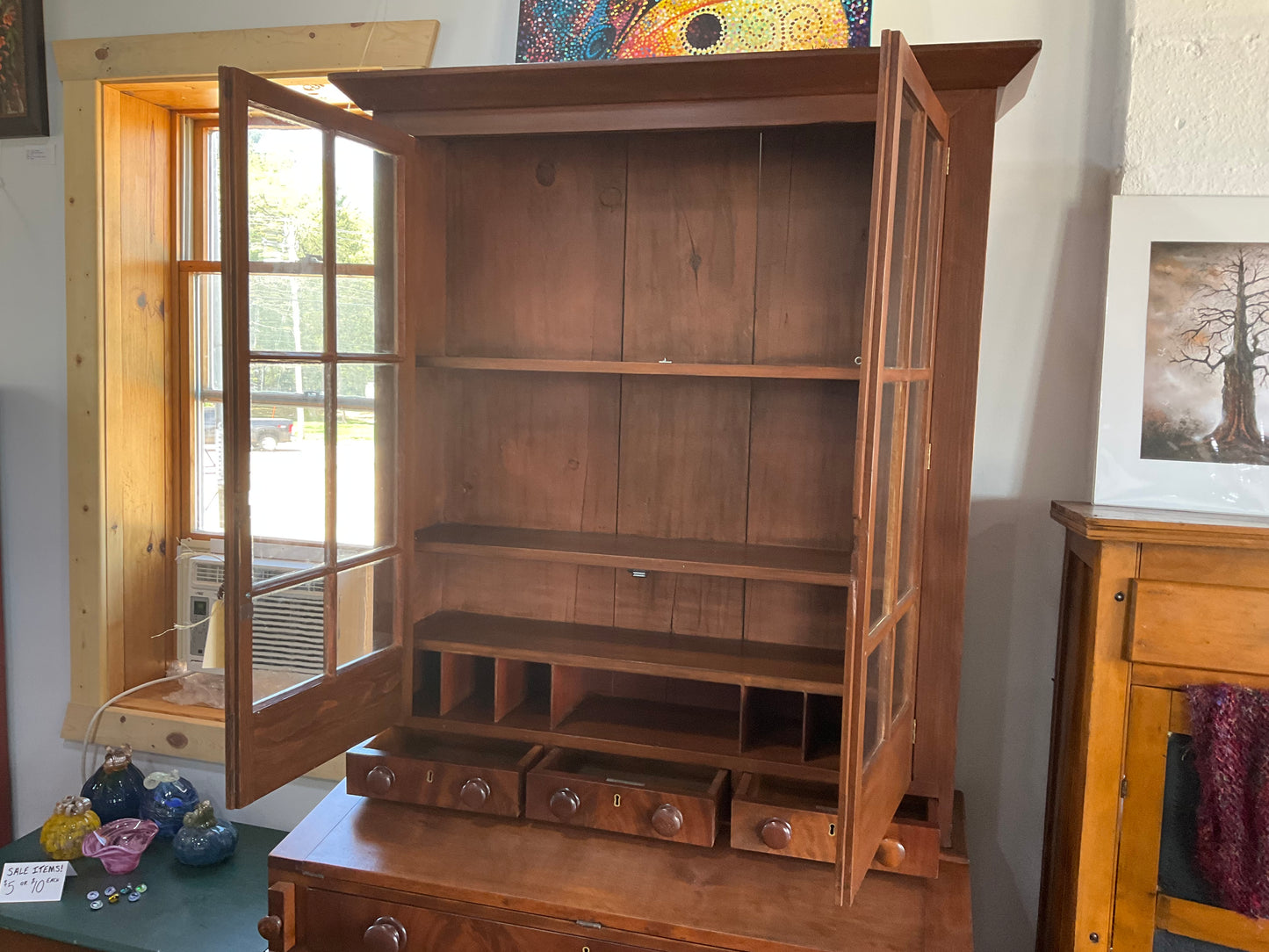 Burled Oak Desk with Glass Doors